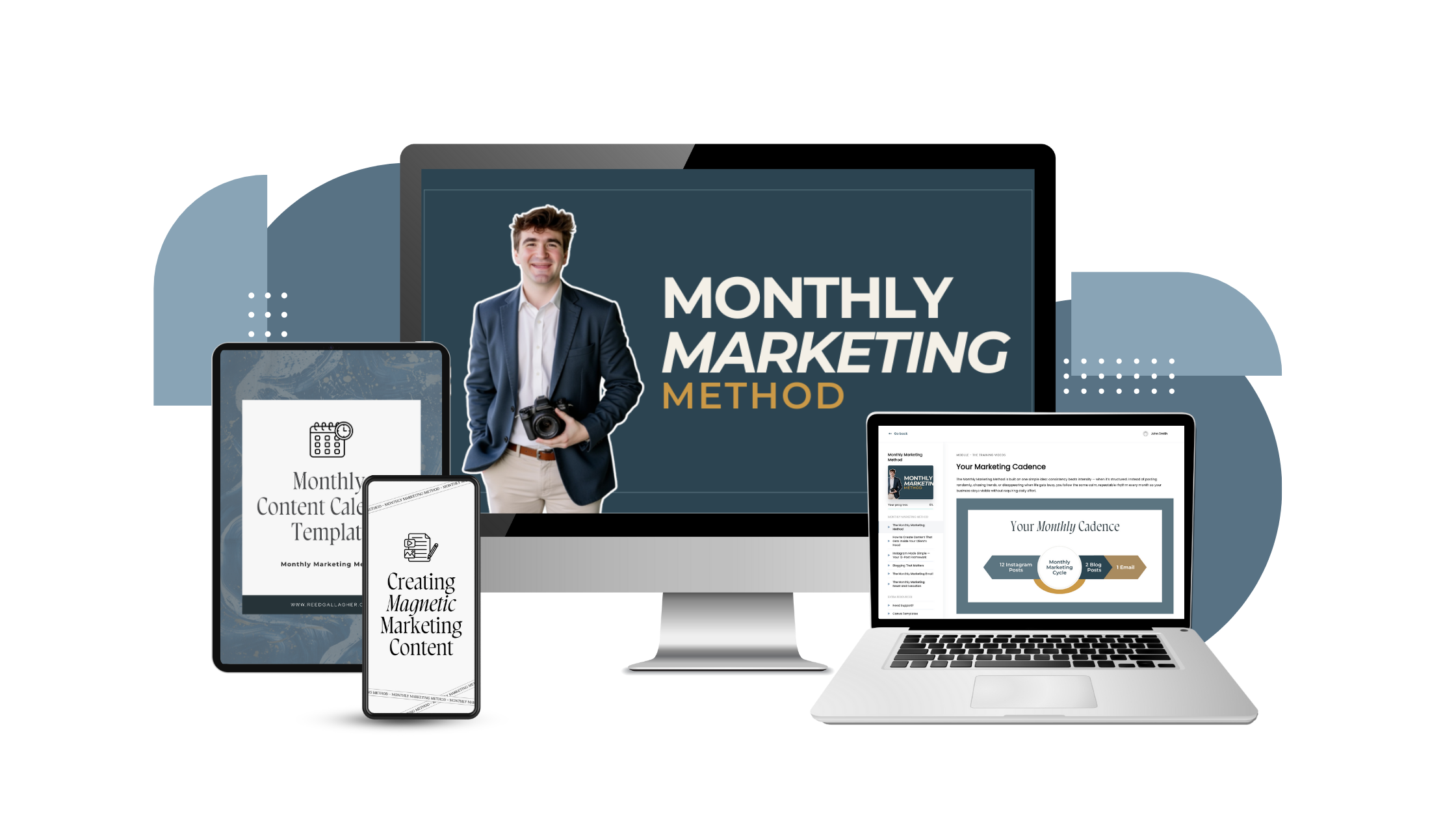 Monthly Marketing Method course shown on desktop, laptop, tablet, and phone